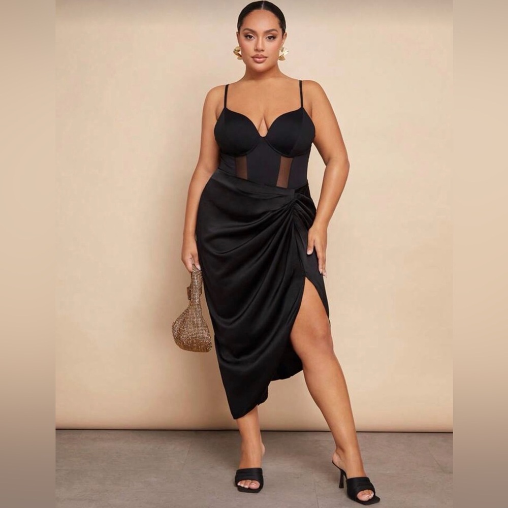 NWT Black Draped Midi Skirt with Side Slit XL